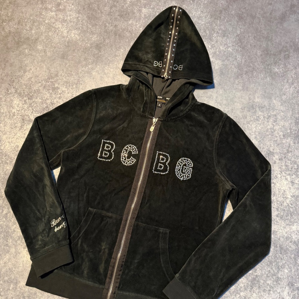 Y2K BCBG Black Velour Rhinestone Logo Zip‎ Up Hoodie Jacket Women's M